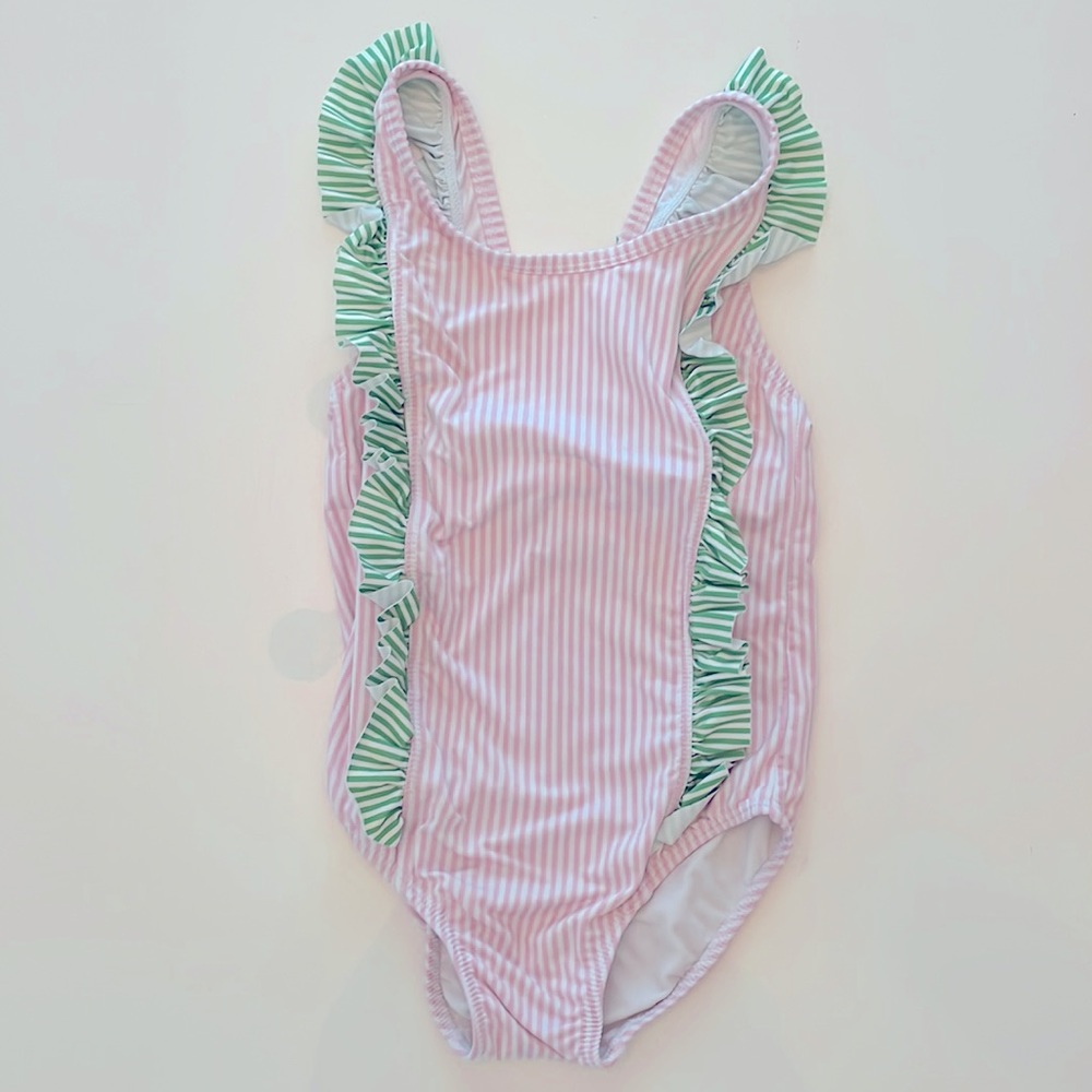 Adorable Little English ruffle & striped girls size 6 swimsuit!